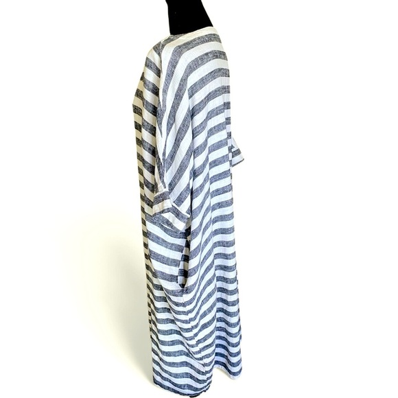 Linen Cotton Striped Caftan Maxi Dress Batwing Pockets Oversized OSFM 32” x 45” - Picture 13 of 16